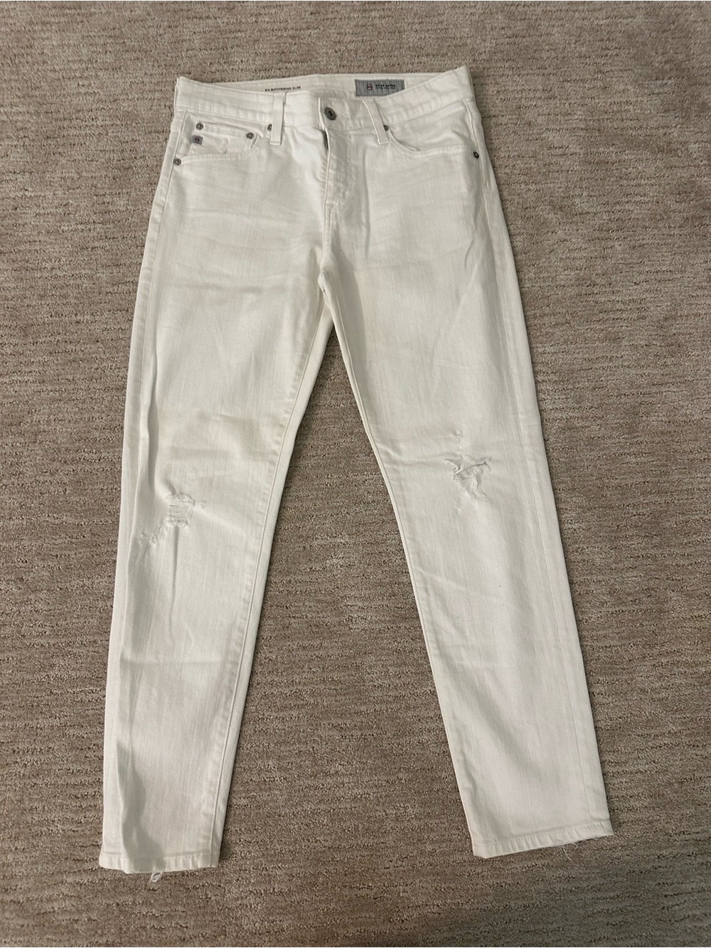 AG Adriano Goldschmied Women’s White Slim Straight Distressed Boyfriend Jeans
